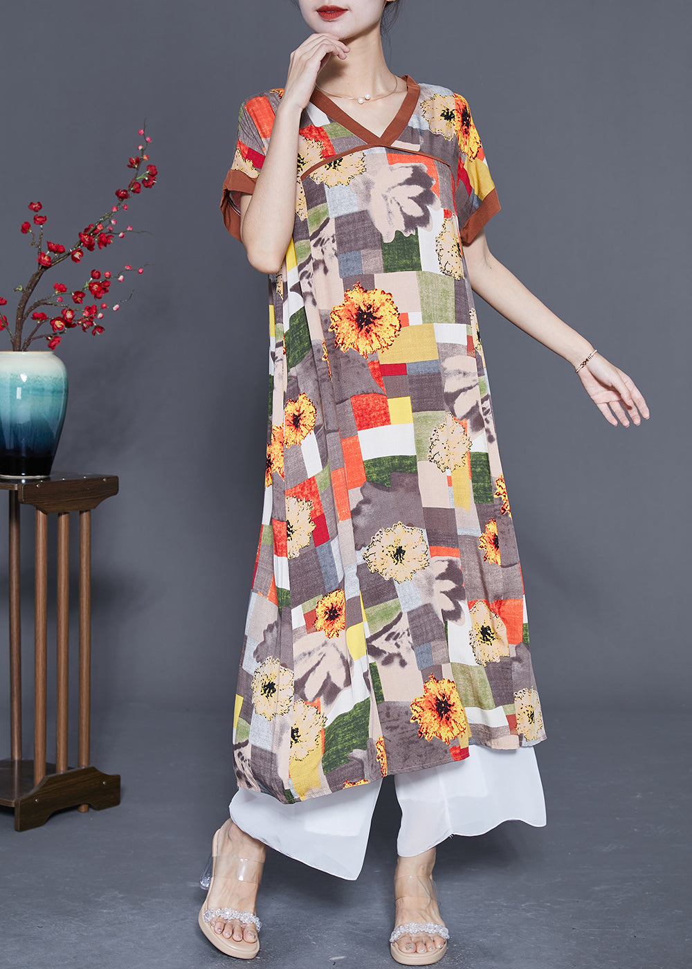 Women Khaki V Neck Patchwork Print Cotton Long Dress Summer LY4830 - fabuloryshop