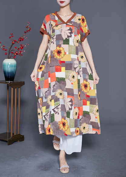 Women Khaki V Neck Patchwork Print Cotton Long Dress Summer LY4830 - fabuloryshop