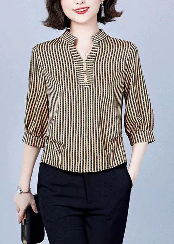 Women Khaki V Neck Striped Silk Shirts Bracelet Sleeve LY1399 - fabuloryshop