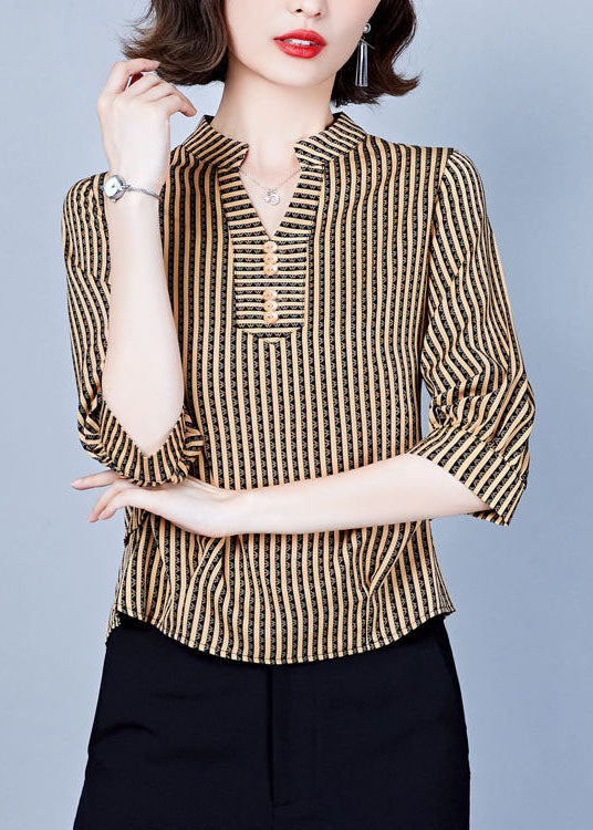 Women Khaki V Neck Striped Silk Shirts Bracelet Sleeve LY1399 - fabuloryshop