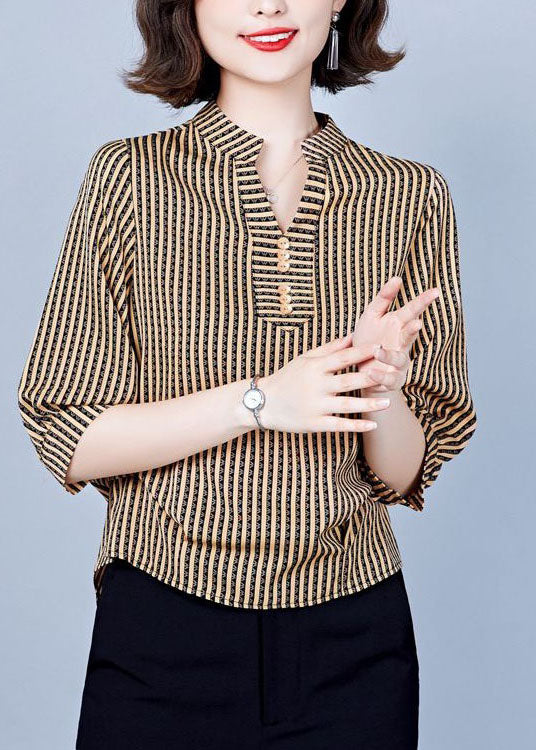 Women Khaki V Neck Striped Silk Shirts Bracelet Sleeve LY1399 - fabuloryshop