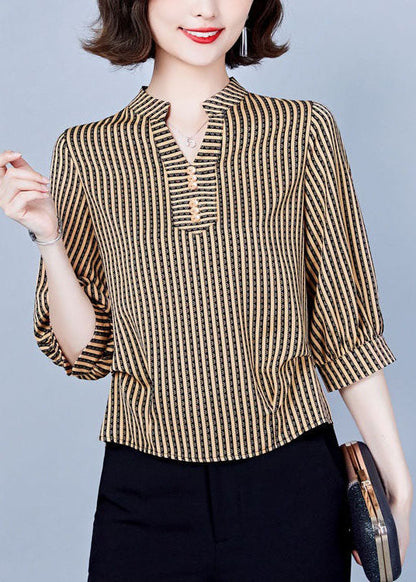 Women Khaki V Neck Striped Silk Shirts Bracelet Sleeve LY1399 - fabuloryshop