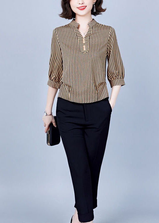 Women Khaki V Neck Striped Silk Shirts Bracelet Sleeve LY1399 - fabuloryshop