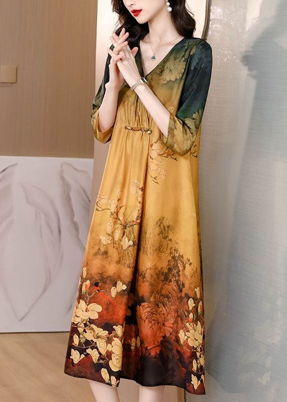 Women Khaki V Neck Tie Dye Print Silk Maxi Dresses Half Sleeve TH1027 - fabuloryshop