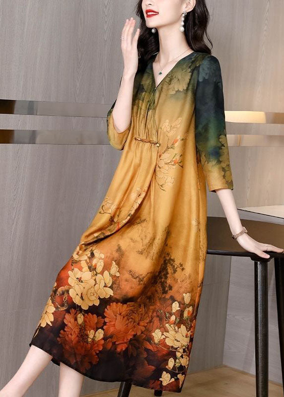 Women Khaki V Neck Tie Dye Print Silk Maxi Dresses Half Sleeve TH1027 - fabuloryshop