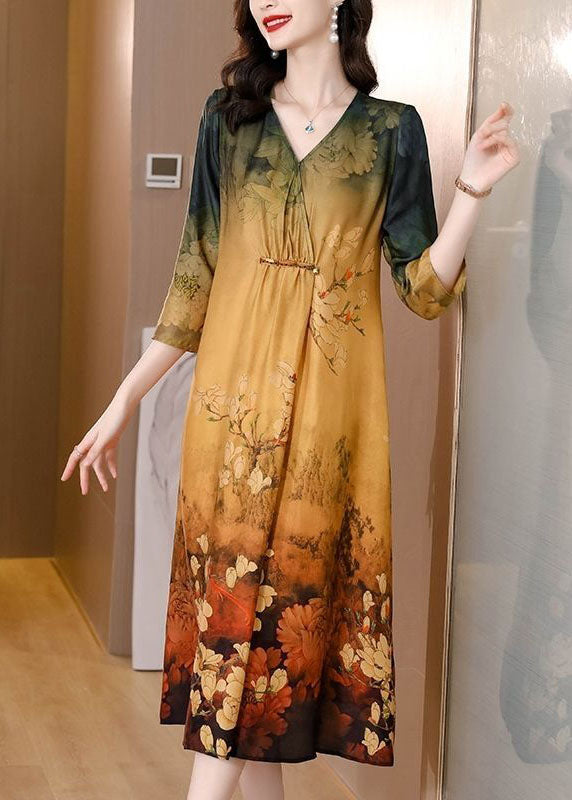 Women Khaki V Neck Tie Dye Print Silk Maxi Dresses Half Sleeve TH1027 - fabuloryshop