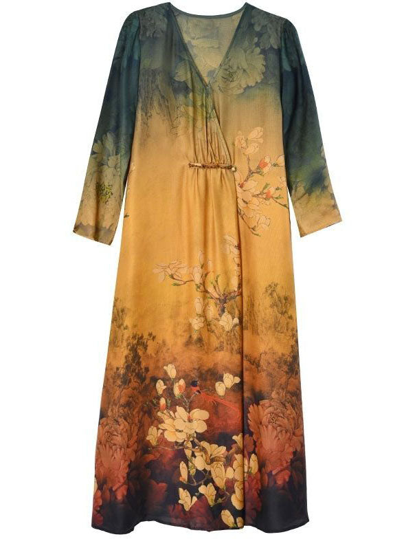 Women Khaki V Neck Tie Dye Print Silk Maxi Dresses Half Sleeve TH1027 - fabuloryshop