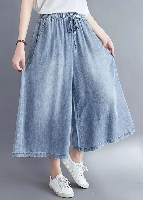 Women Light Blue Elastic Waist Draping Denim Wide Leg Pants Summer Ada Fashion