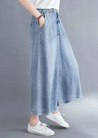 Women Light Blue Elastic Waist Draping Denim Wide Leg Pants Summer Ada Fashion