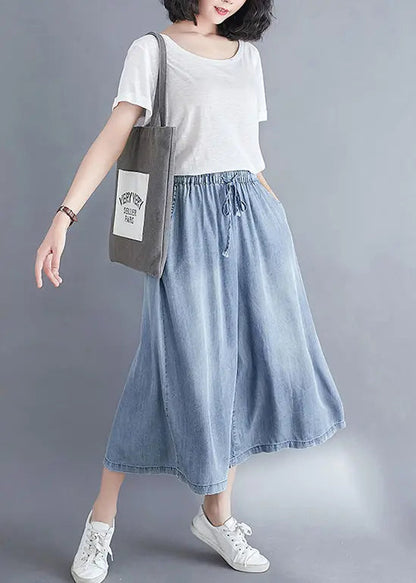 Women Light Blue Elastic Waist Draping Denim Wide Leg Pants Summer Ada Fashion