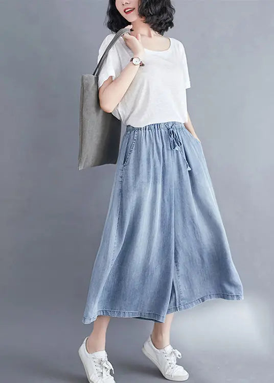 Women Light Blue Elastic Waist Draping Denim Wide Leg Pants Summer Ada Fashion