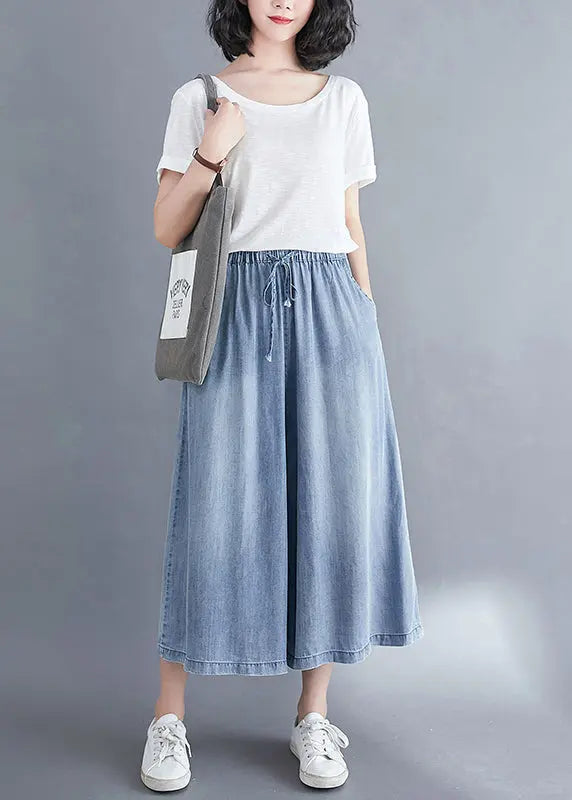 Women Light Blue Elastic Waist Draping Denim Wide Leg Pants Summer Ada Fashion