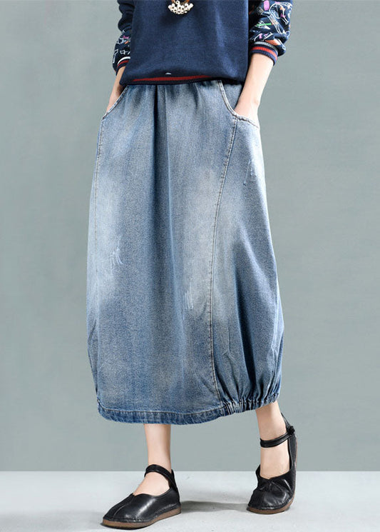 Women Light Blue Elastic Waist Patchwork Cotton Denim Skirt Spring TG1016 - fabuloryshop
