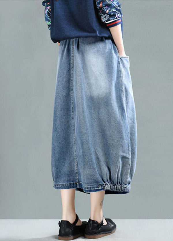 Women Light Blue Elastic Waist Patchwork Cotton Denim Skirt Spring TG1016 - fabuloryshop