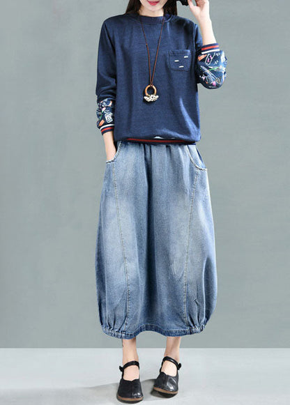 Women Light Blue Elastic Waist Patchwork Cotton Denim Skirt Spring TG1016 - fabuloryshop