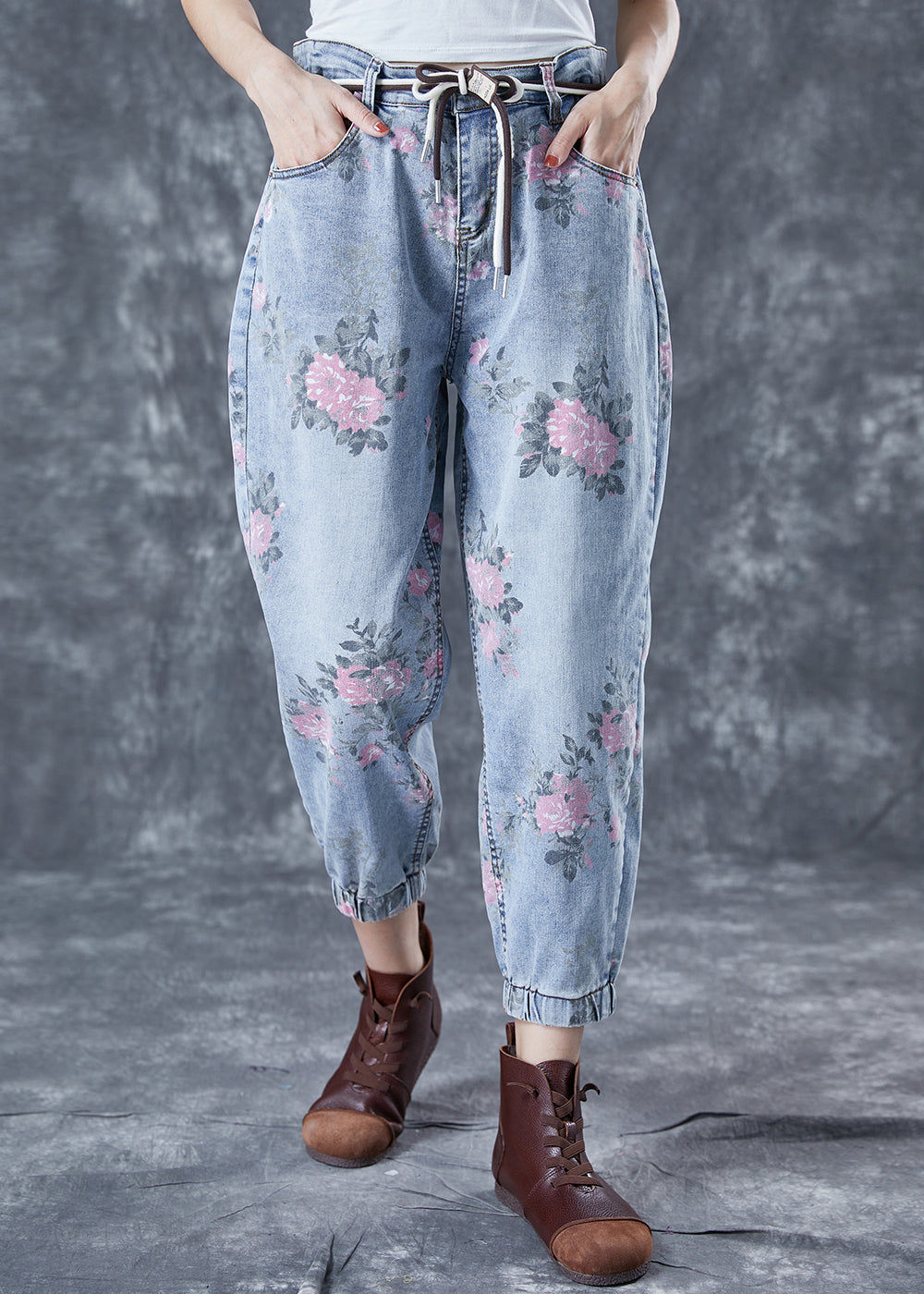 Women Light Blue Elastic Waist Print Denim Harem Pants Summer LY5685 - fabuloryshop