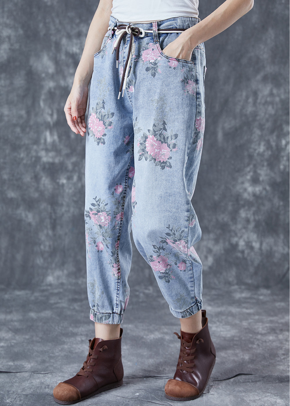 Women Light Blue Elastic Waist Print Denim Harem Pants Summer LY5685 - fabuloryshop