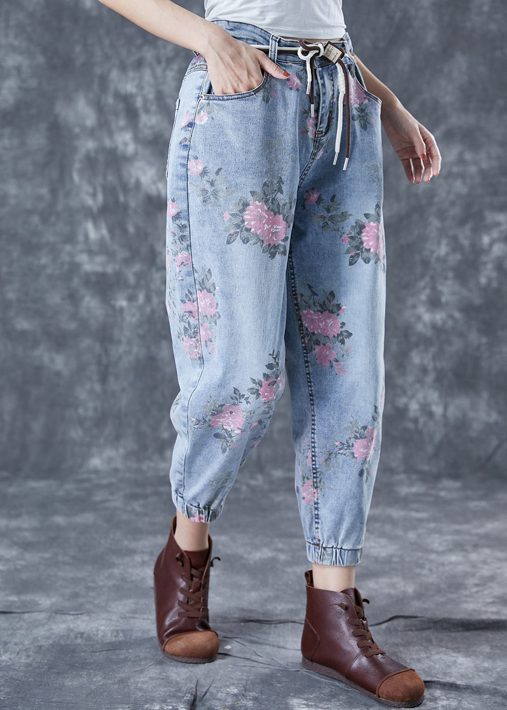 Women Light Blue Elastic Waist Print Denim Harem Pants Summer LY5685 - fabuloryshop