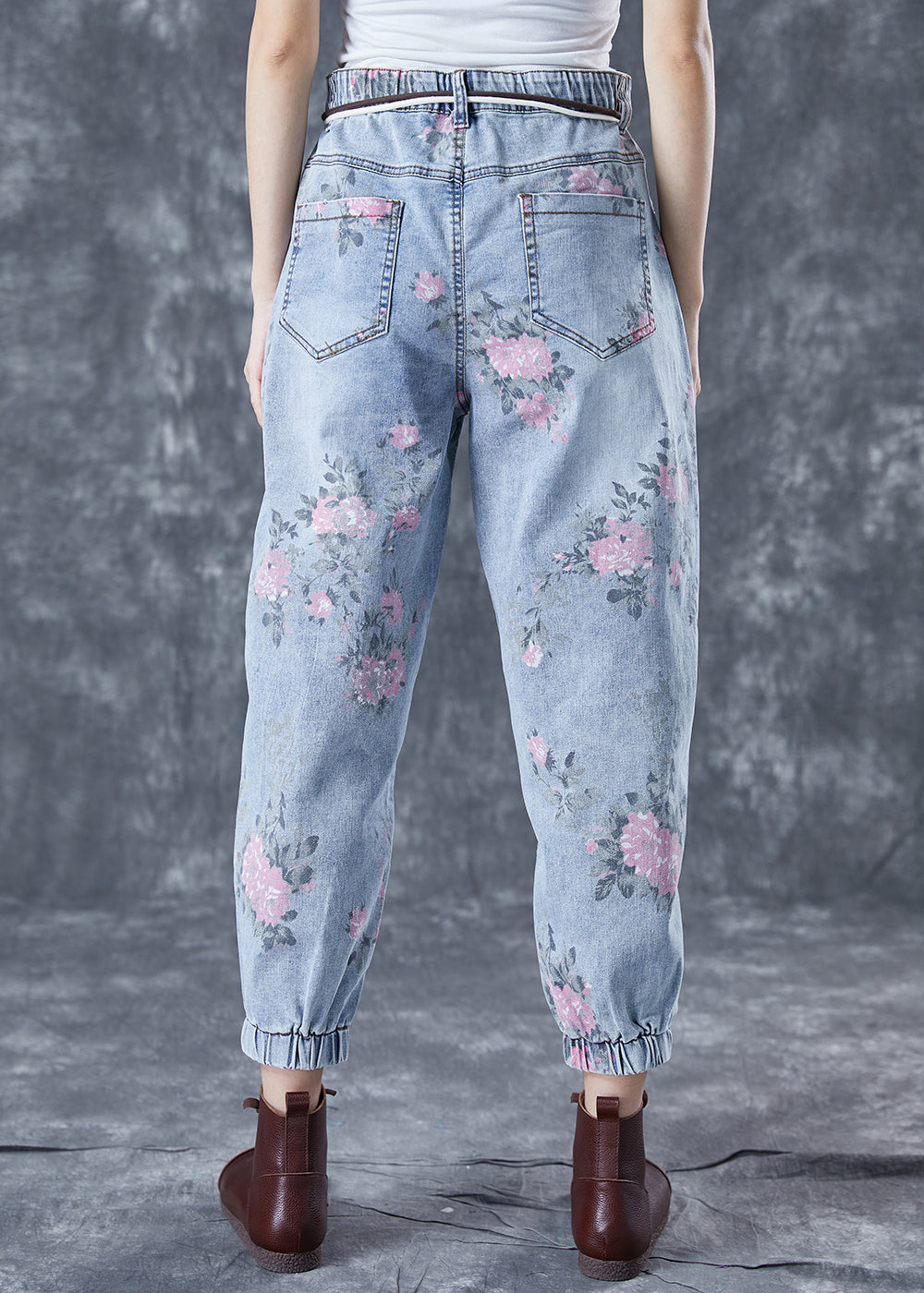 Women Light Blue Elastic Waist Print Denim Harem Pants Summer LY5685 - fabuloryshop