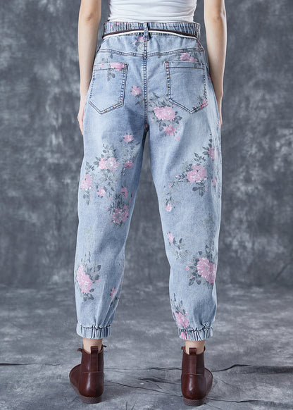 Women Light Blue Elastic Waist Print Denim Harem Pants Summer LY5685 - fabuloryshop