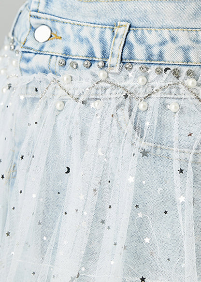 Women Light Blue Elastic Waist Tulle Patchwork Denim Skirts Summer LY2439 - fabuloryshop