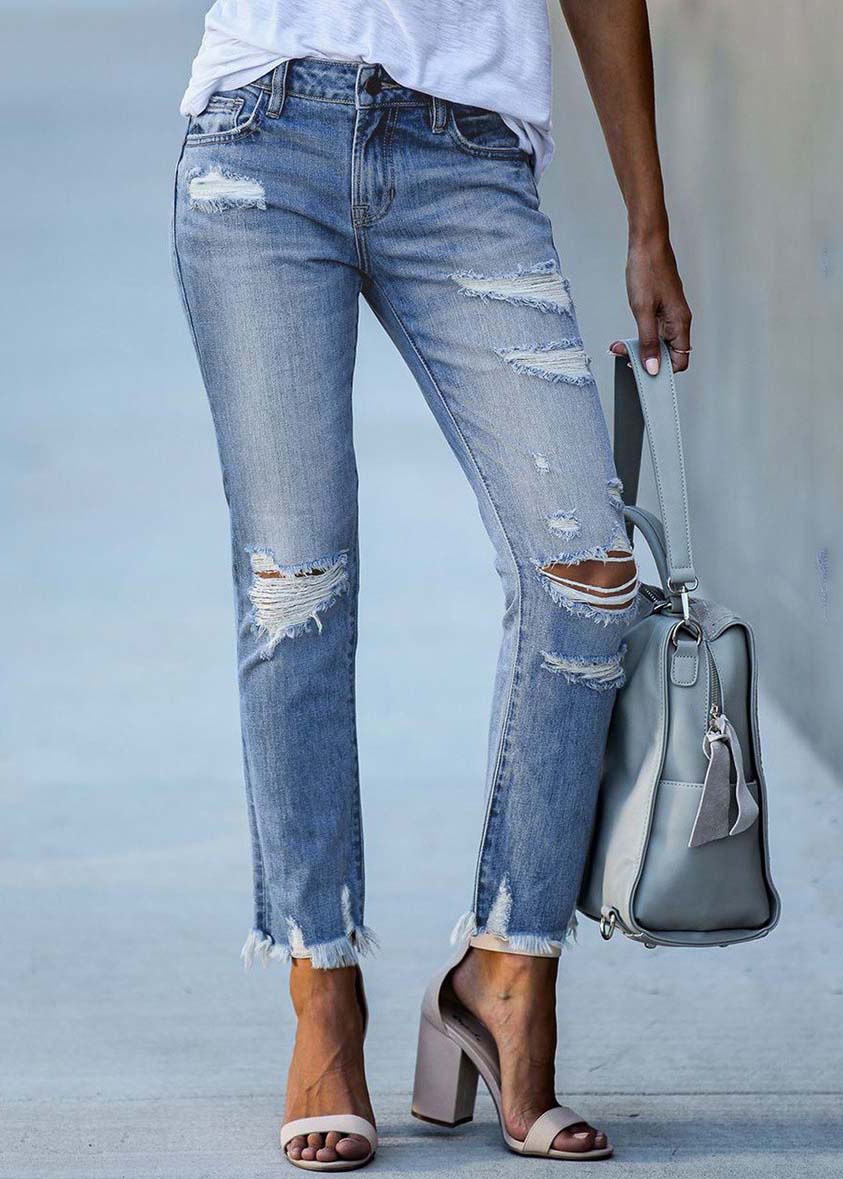 Women Light Blue High Waist Denim Ripped Pants Trousers Summer LY3951 - fabuloryshop