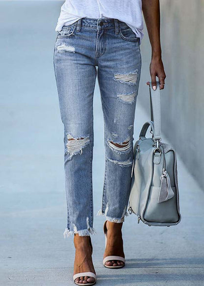 Women Light Blue High Waist Denim Ripped Pants Trousers Summer LY3951 - fabuloryshop