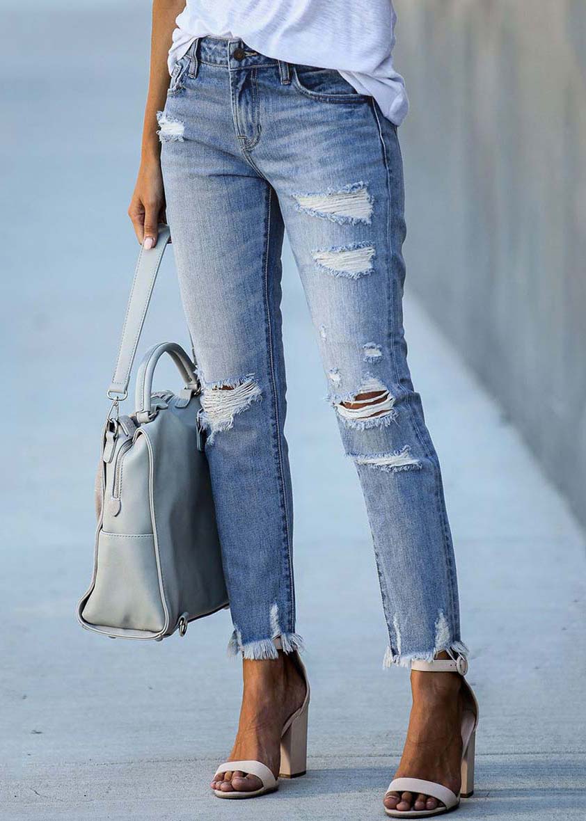 Women Light Blue High Waist Denim Ripped Pants Trousers Summer LY3951 - fabuloryshop