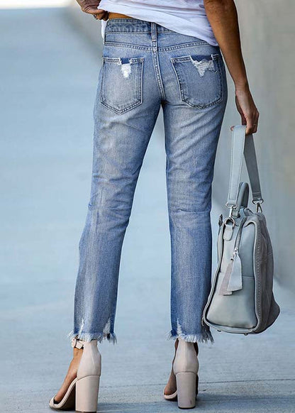 Women Light Blue High Waist Denim Ripped Pants Trousers Summer LY3951 - fabuloryshop