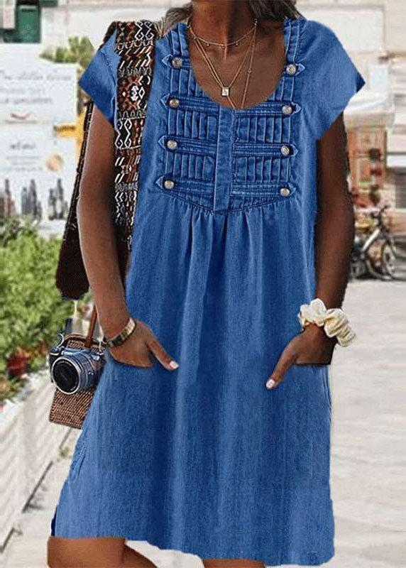 Women Light Blue O Neck Wrinkled Patchwork Denim Dress Summer LY3938 - fabuloryshop