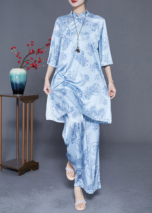 Women Light Blue Print Draping Chinese Style Silk Two Pieces Set Summer LY3637