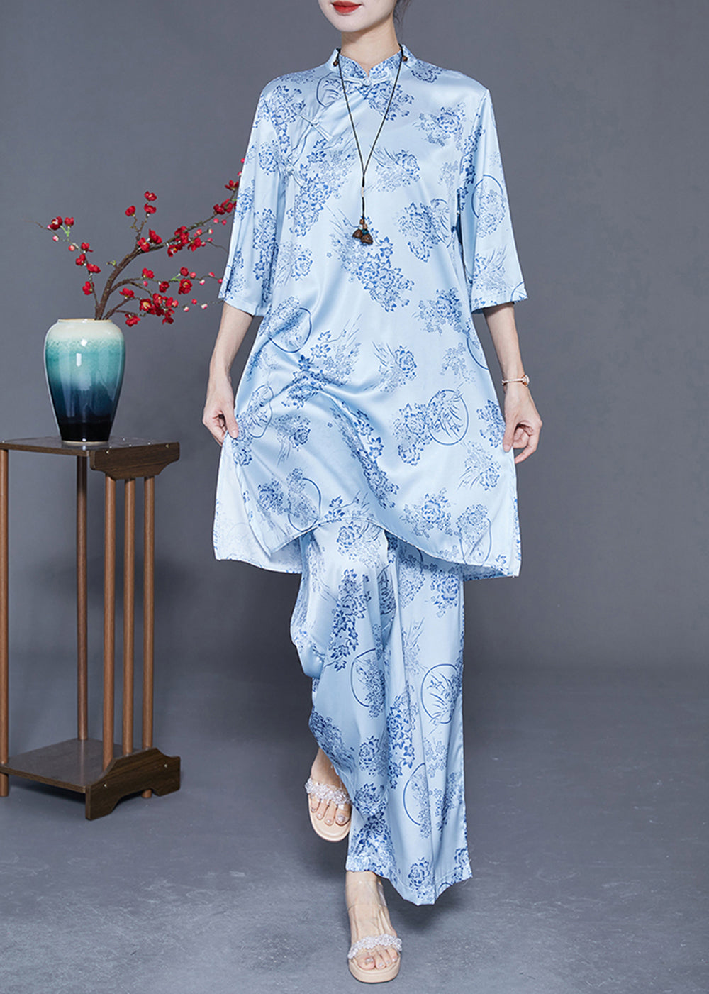 Women Light Blue Print Draping Chinese Style Silk Two Pieces Set Summer LY3637 - fabuloryshop