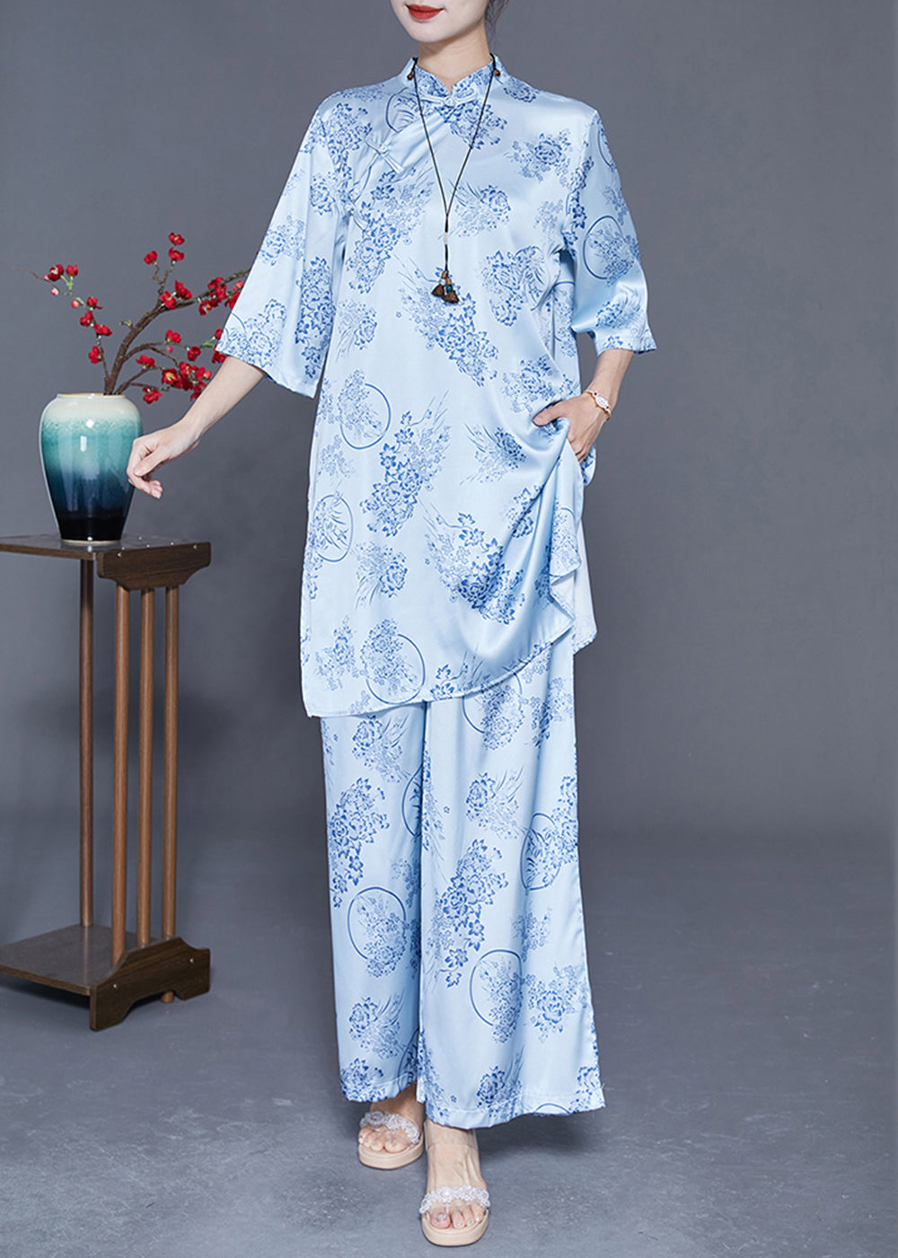 Women Light Blue Print Draping Chinese Style Silk Two Pieces Set Summer LY3637 - fabuloryshop