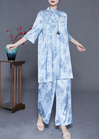 Women Light Blue Print Draping Chinese Style Silk Two Pieces Set Summer LY3637 - fabuloryshop