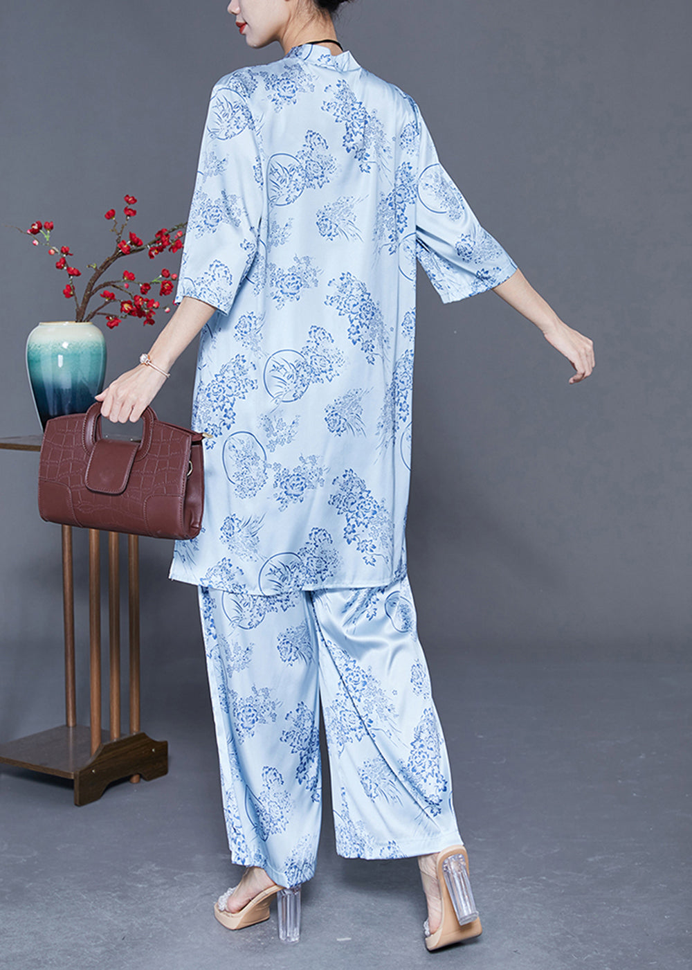 Women Light Blue Print Draping Chinese Style Silk Two Pieces Set Summer LY3637 - fabuloryshop