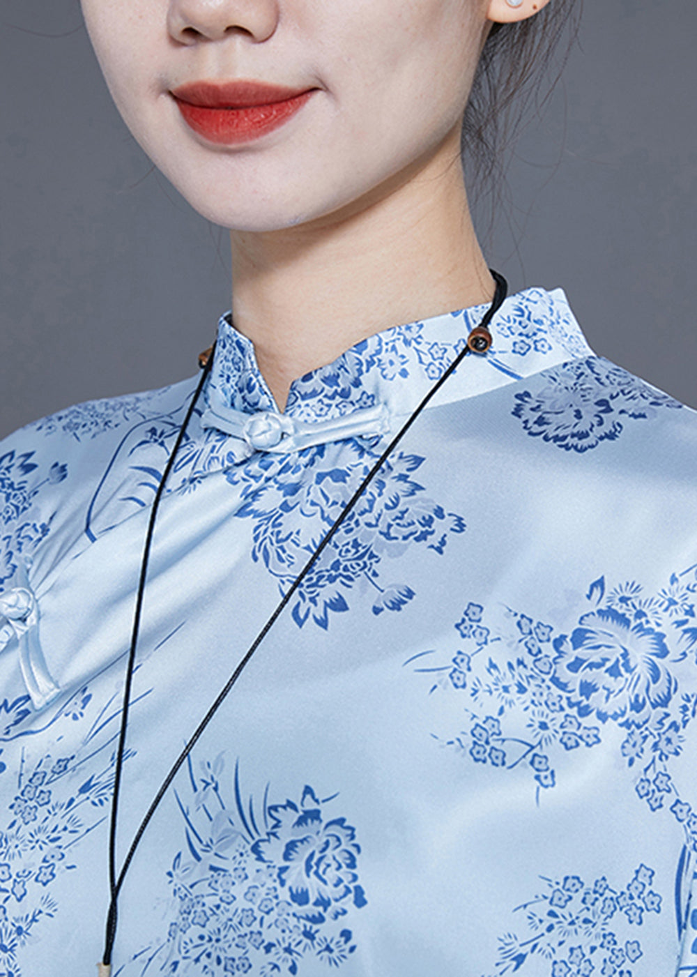 Women Light Blue Print Draping Chinese Style Silk Two Pieces Set Summer LY3637 - fabuloryshop