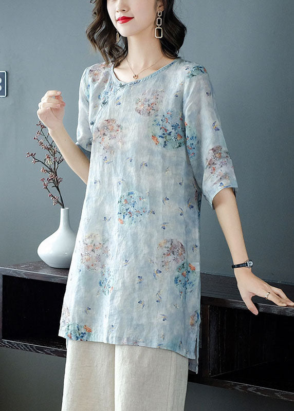 Women Light Blue Print Patchwork Linen Two Pieces Set Summer TP1032 - fabuloryshop