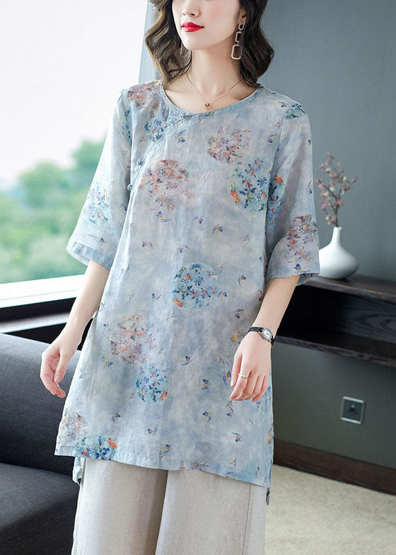 Women Light Blue Print Patchwork Linen Two Pieces Set Summer TP1032 - fabuloryshop