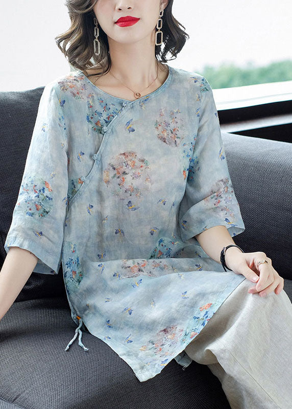 Women Light Blue Print Patchwork Linen Two Pieces Set Summer TP1032 - fabuloryshop