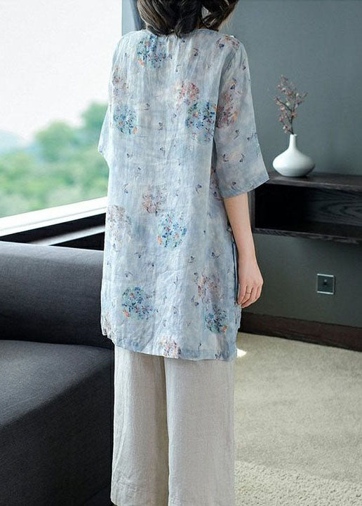 Women Light Blue Print Patchwork Linen Two Pieces Set Summer TP1032 - fabuloryshop