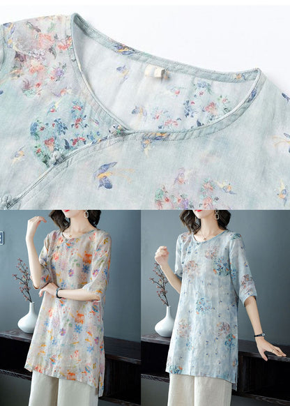 Women Light Blue Print Patchwork Linen Two Pieces Set Summer TP1032 - fabuloryshop