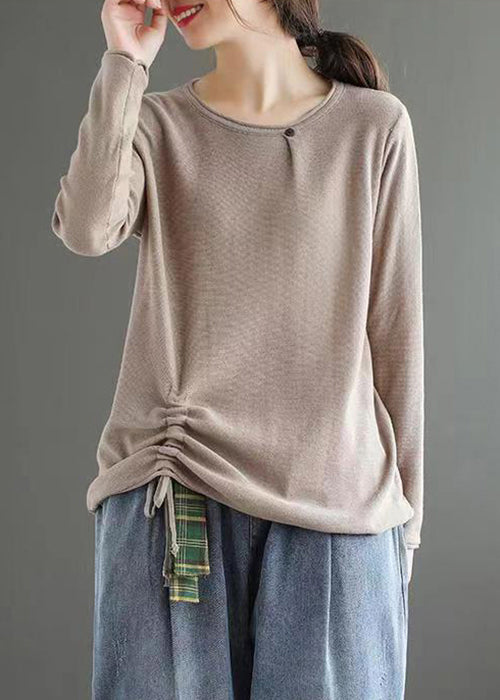 Women Light Camel O Neck Drawstring Patchwork Cotton Top Fall Ada Fashion