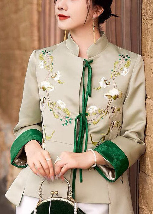 Women Light Green Embroideried Lace Up Silk Coat Spring LY1431 - fabuloryshop