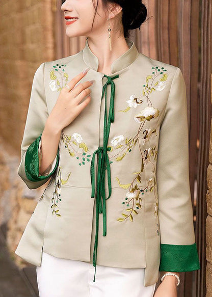 Women Light Green Embroideried Lace Up Silk Coat Spring LY1431 - fabuloryshop