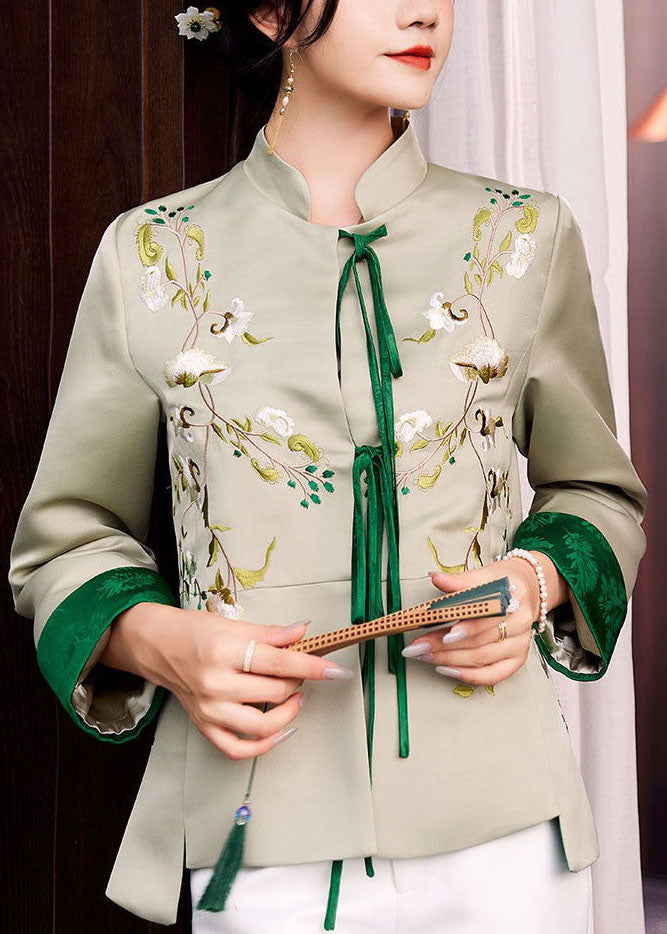 Women Light Green Embroideried Lace Up Silk Coat Spring LY1431 - fabuloryshop