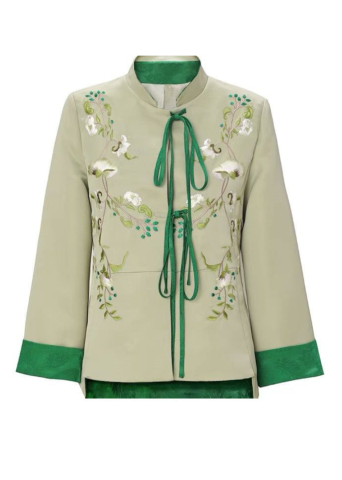 Women Light Green Embroideried Lace Up Silk Coat Spring LY1431 - fabuloryshop