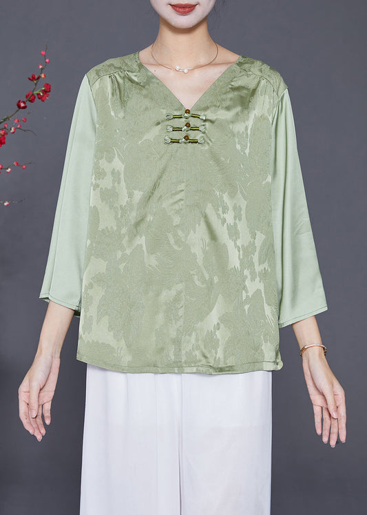 Women Light Green Jacquard Chinese Button Silk Blouses Bracelet Sleeve LY8026