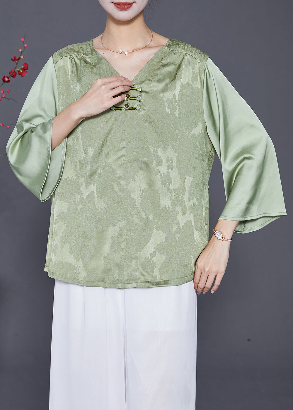 Women Light Green Jacquard Chinese Button Silk Blouses Bracelet Sleeve LY8026