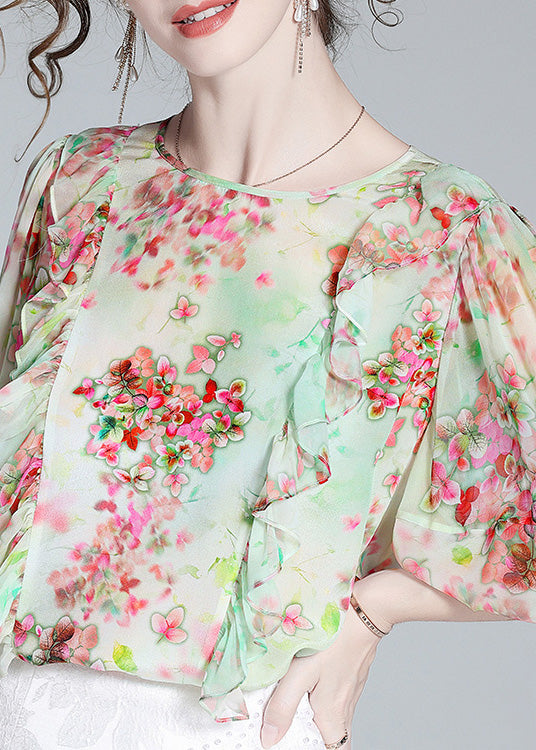 Women Light Green O-Neck Ruffled Print Silk Shirts Half Sleeve LY0710 - fabuloryshop