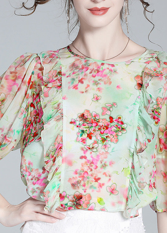 Women Light Green O-Neck Ruffled Print Silk Shirts Half Sleeve LY0710 - fabuloryshop